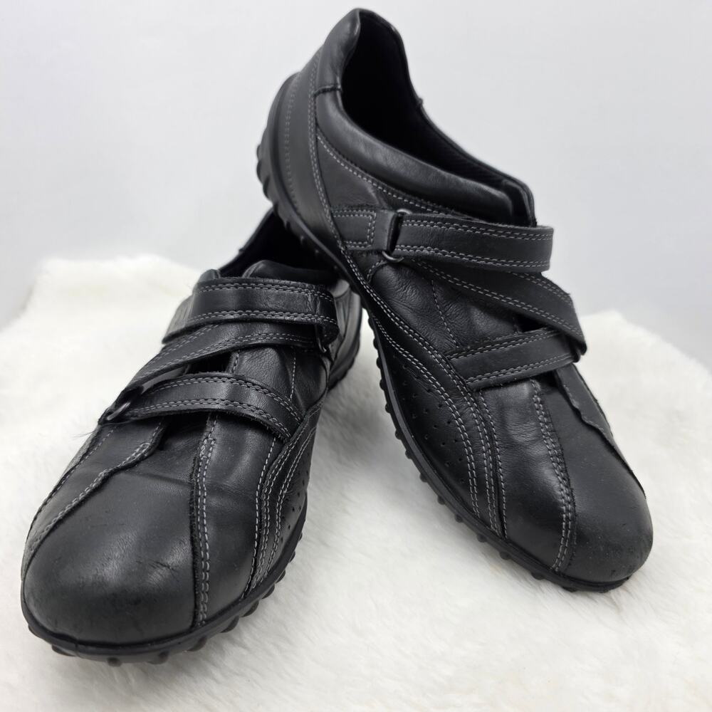 Ecco Charm Crossing Strap Woman's Black Leather Casual Sneaker Sz Euro 38/US 7.5